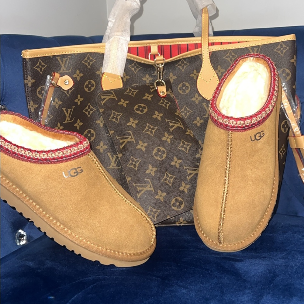 UGG Chestnut Slippers with Burgundy Trim